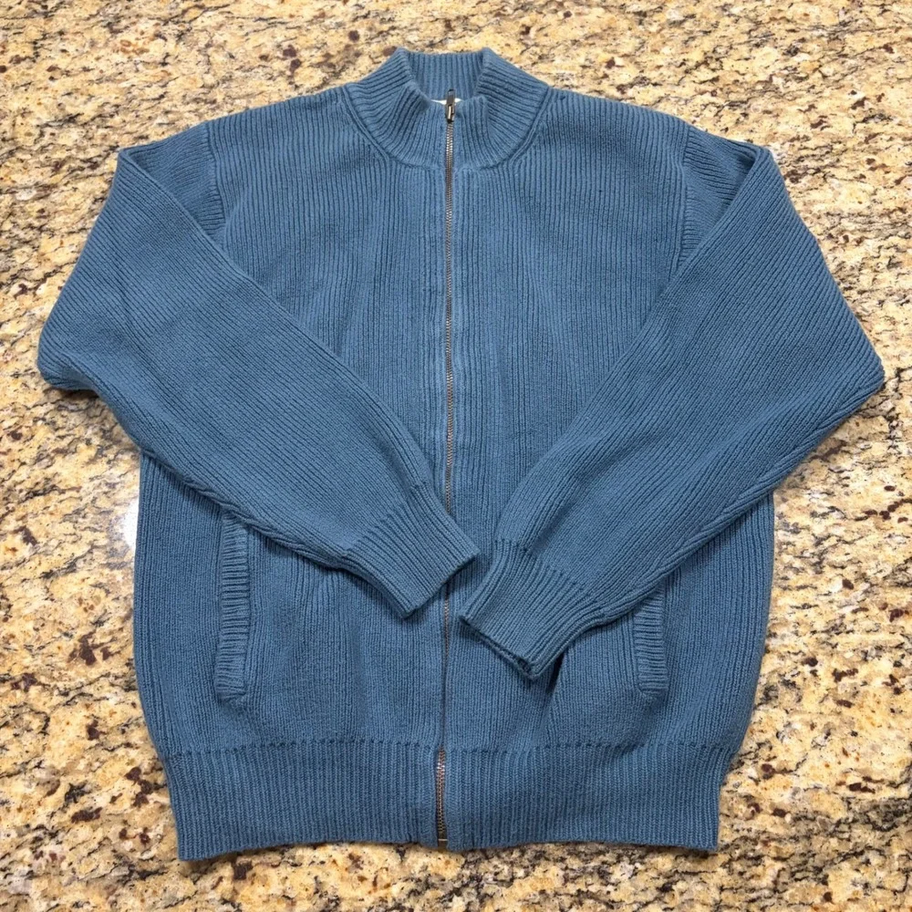 LL Bean Mens Full Zip Ribbed Cardigan Sweater Blue Cotton Blend Size Small Reg